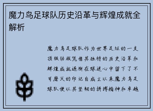 魔力鸟足球队历史沿革与辉煌成就全解析