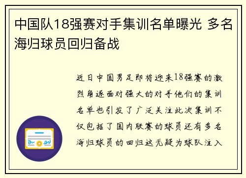 中国队18强赛对手集训名单曝光 多名海归球员回归备战