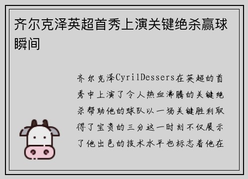 齐尔克泽英超首秀上演关键绝杀赢球瞬间